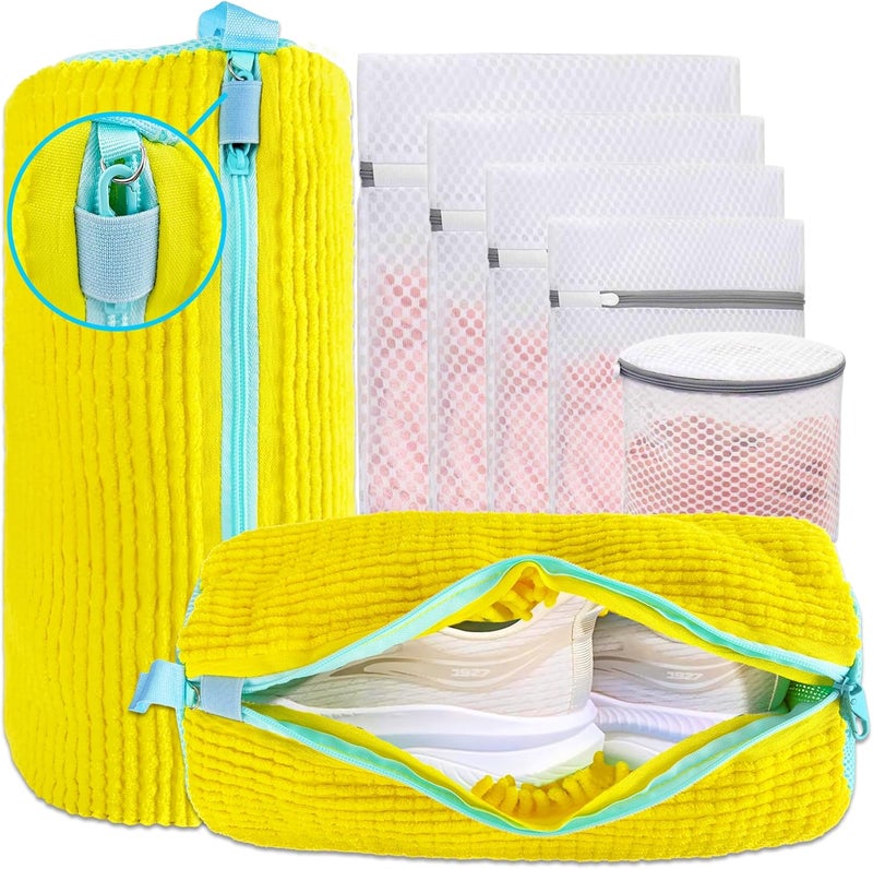 CNEYSID XXL Shoe Washing Machine Bag - 2 Reusable Shoes Cleaning Bags for Washer And Dryer, Durable Zipper Laundry Shoe Bag 360° Deep Clean Sneaker Tennis Include Mesh Wash Bags & Bra Laundry Bags (Yellow) - Image 1